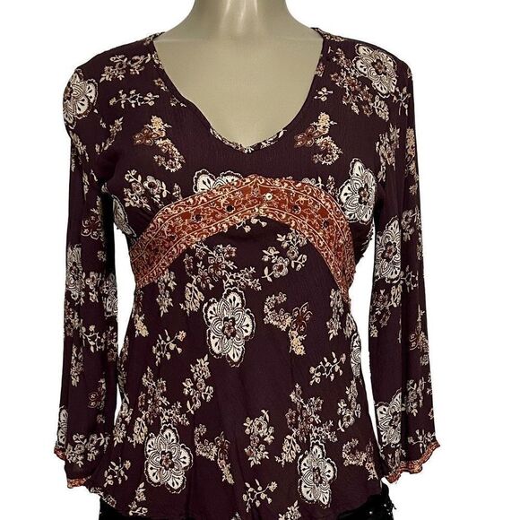 Quizz Bazaar Blouse Women's Medium Burgundy & White Flowy Floral Vintage Top - Picture 6 of 13
